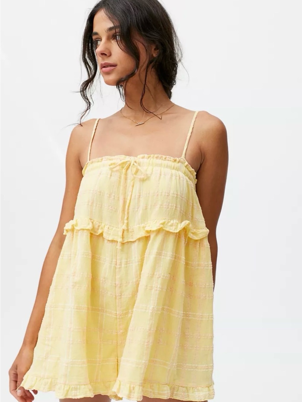 Urban Outfitters Light Yellow Ruffled Spaghetti-Strap Romper